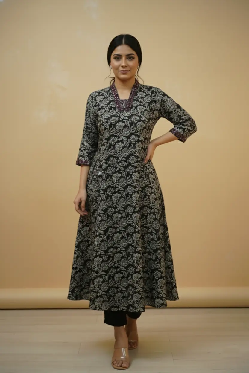 Midnight Bloom A:Line Kurti