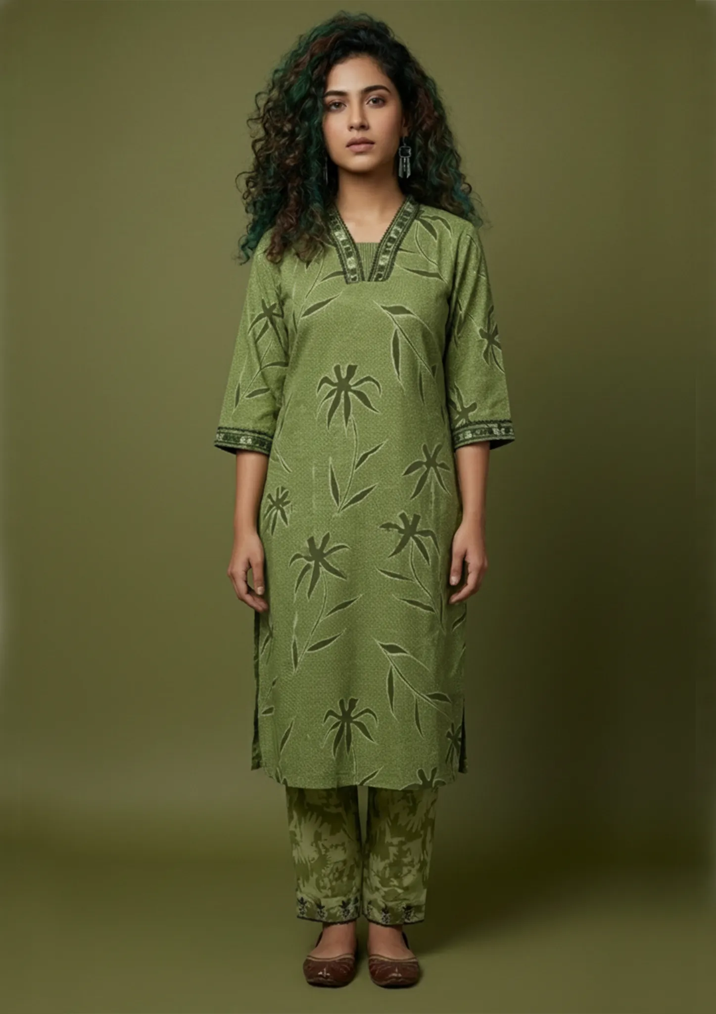 Olive Loom Chanderi Kurti Set