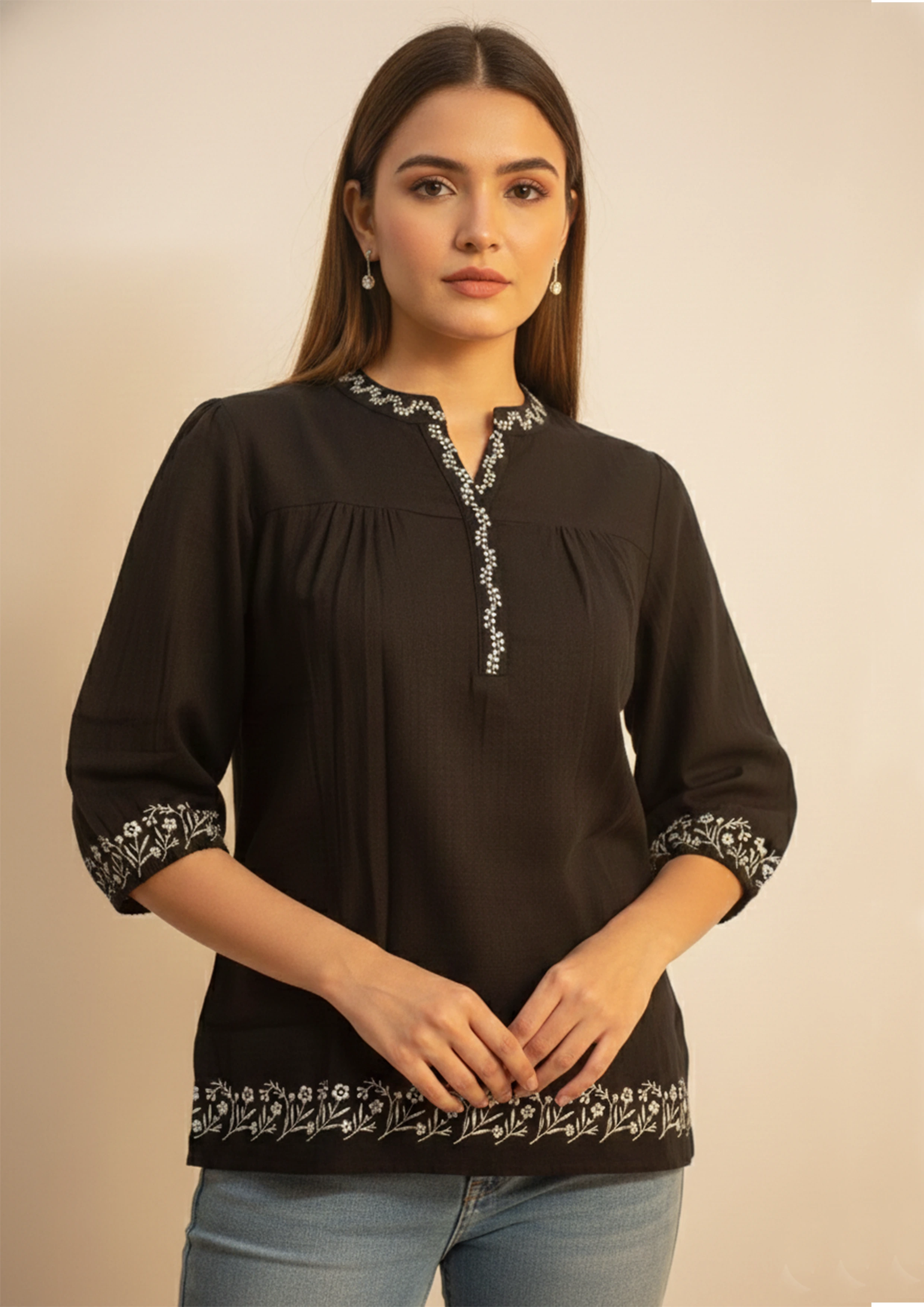 Midnight Ivory Elegance Cotton Short Kurti